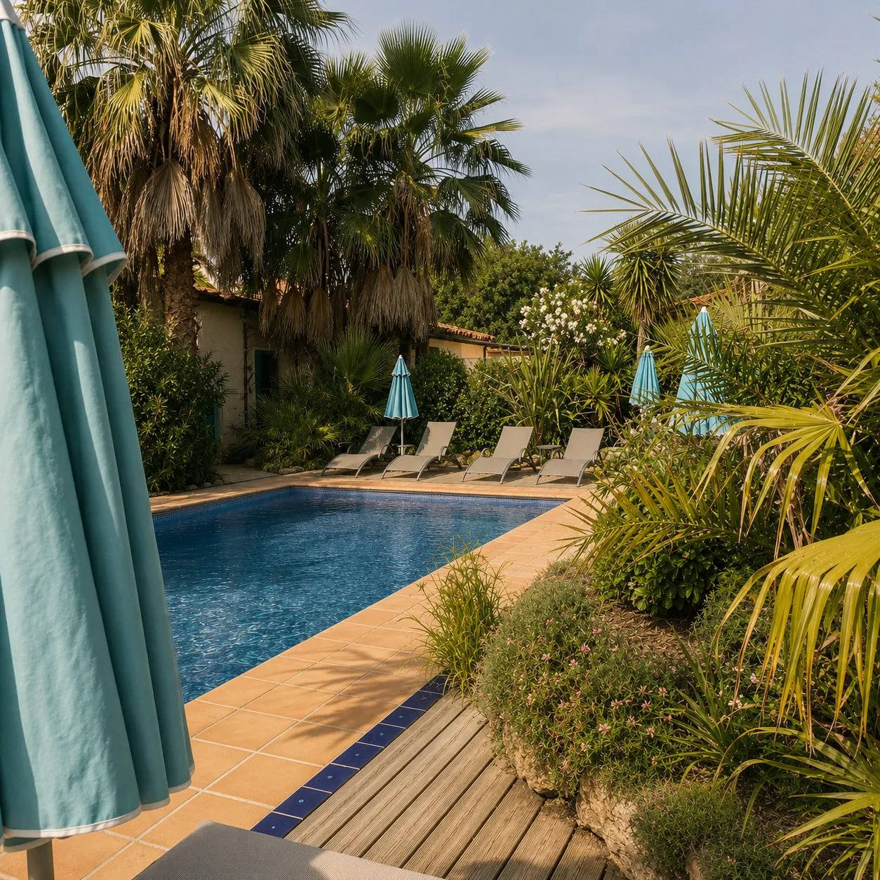La piscine et ses palmiers